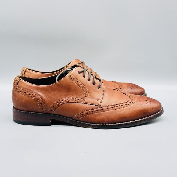 Cole Haan Shoes Men 9.5 Brown Leather Brogue Wingtip Dress Derby Slip On Lace Up - Picture 1 of 13